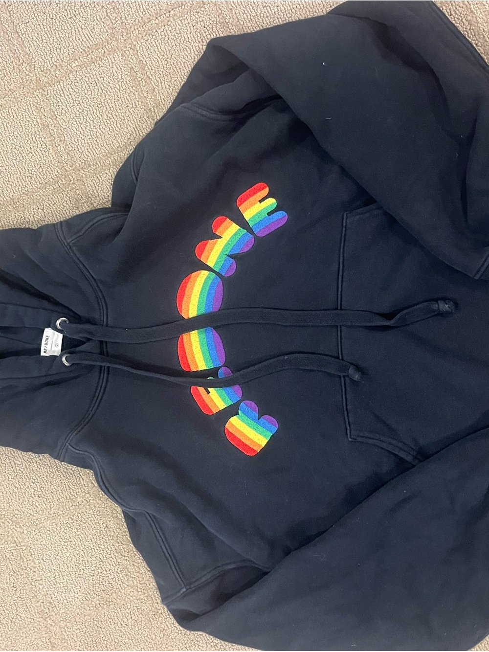 Re/Done Black Hoodie with Rainbow 'BRAN' Graphic